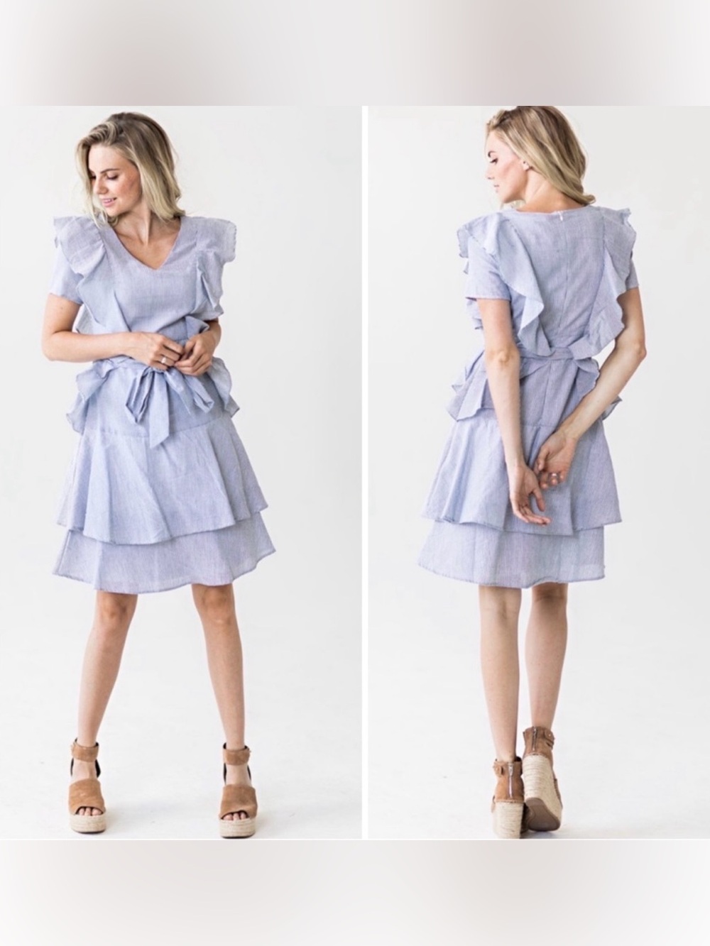 JessaKae Blue White Seersucker Ruffle Tiered Dress Belted Size Small